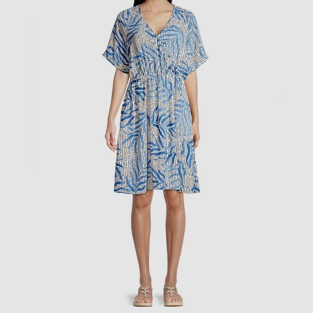 Nic+Zoe Blue Self-Tie V-Neck Palm Dot Wrap Dress